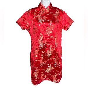 OOAK Traditional Cheongsam Silk Dress - Red Dragon and Phoenix Plus Size - L XL